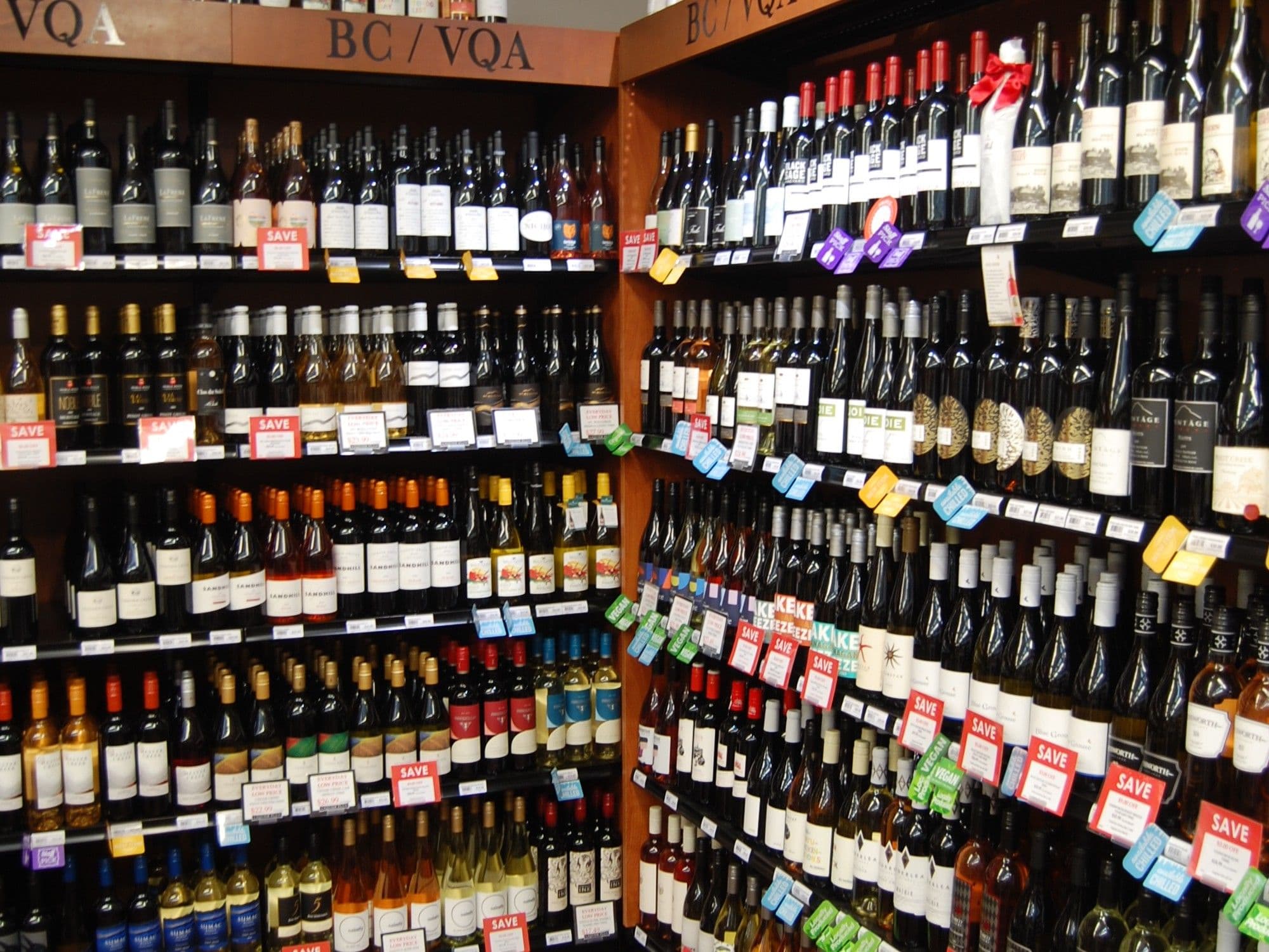 Close view of the BC/VQA wine wall full of bottles