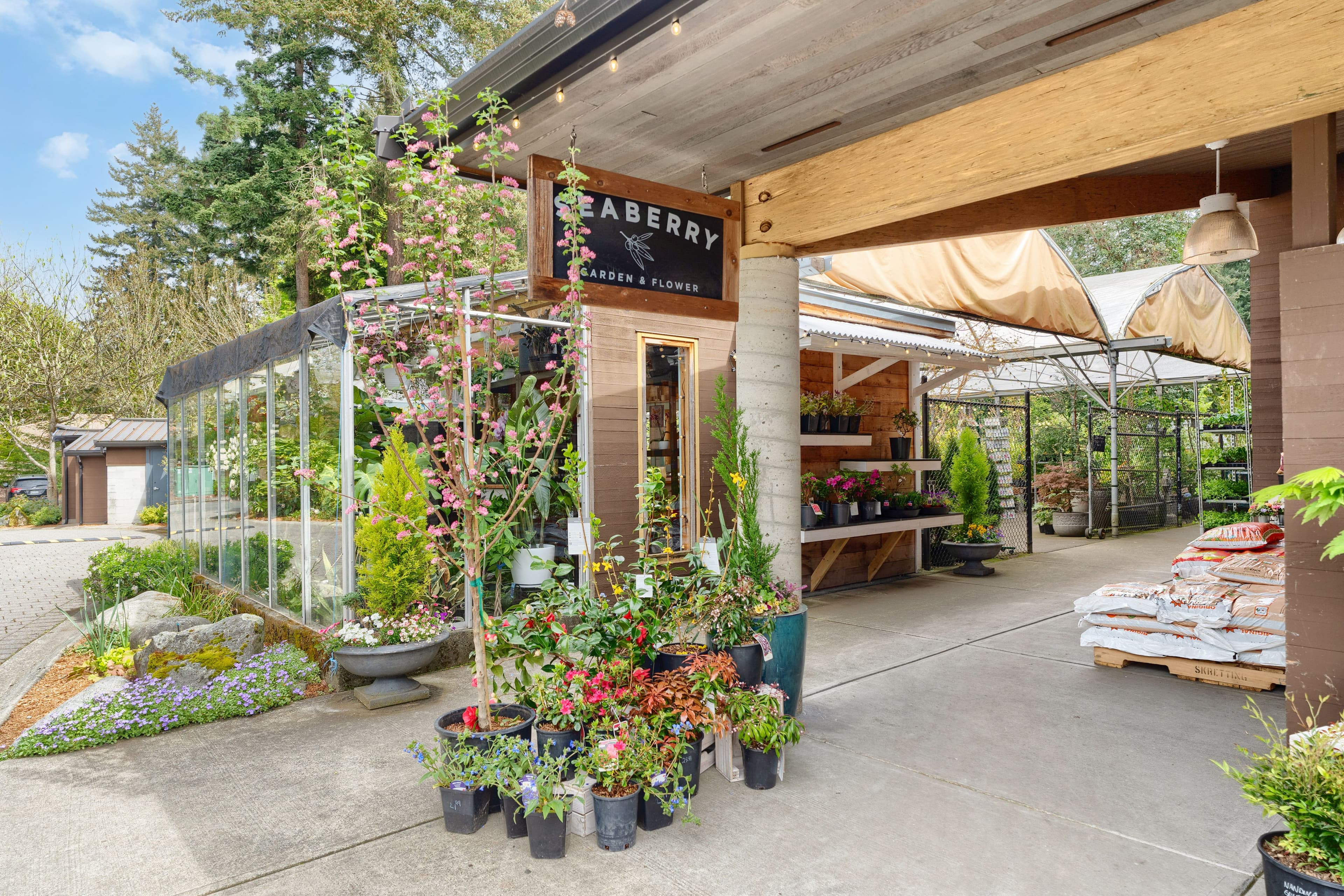 Branded Seaberry Garden & Flower entrance with bouquets at the porch