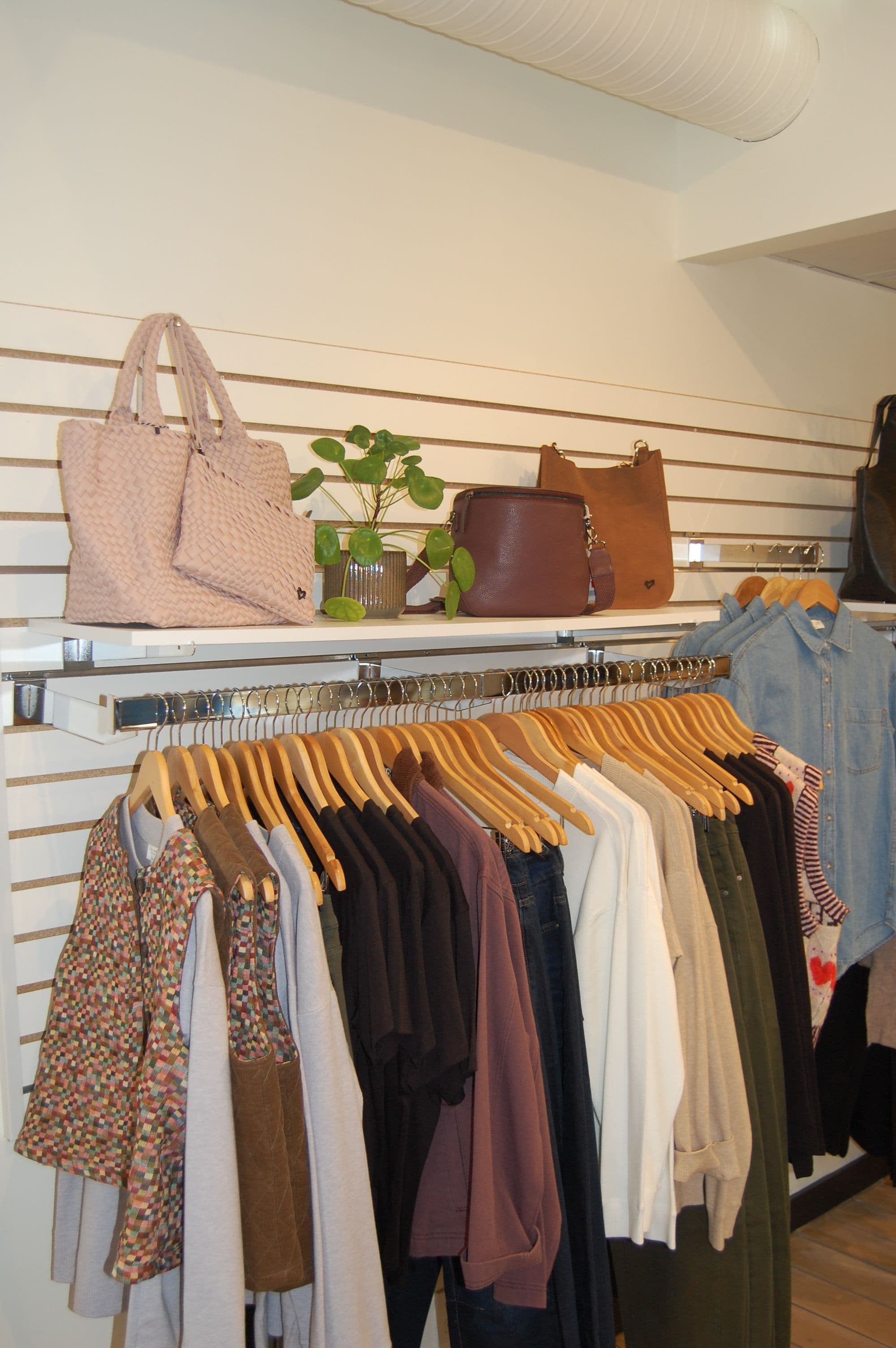 Neutral garment rack with leather bags and a houseplant