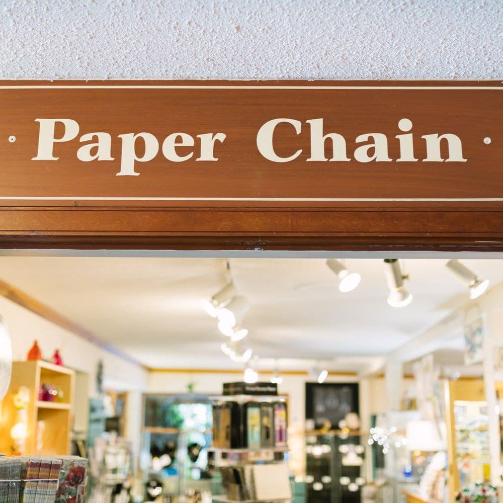 Paper Chain wordmark close-up on the dark wood signage above the shop